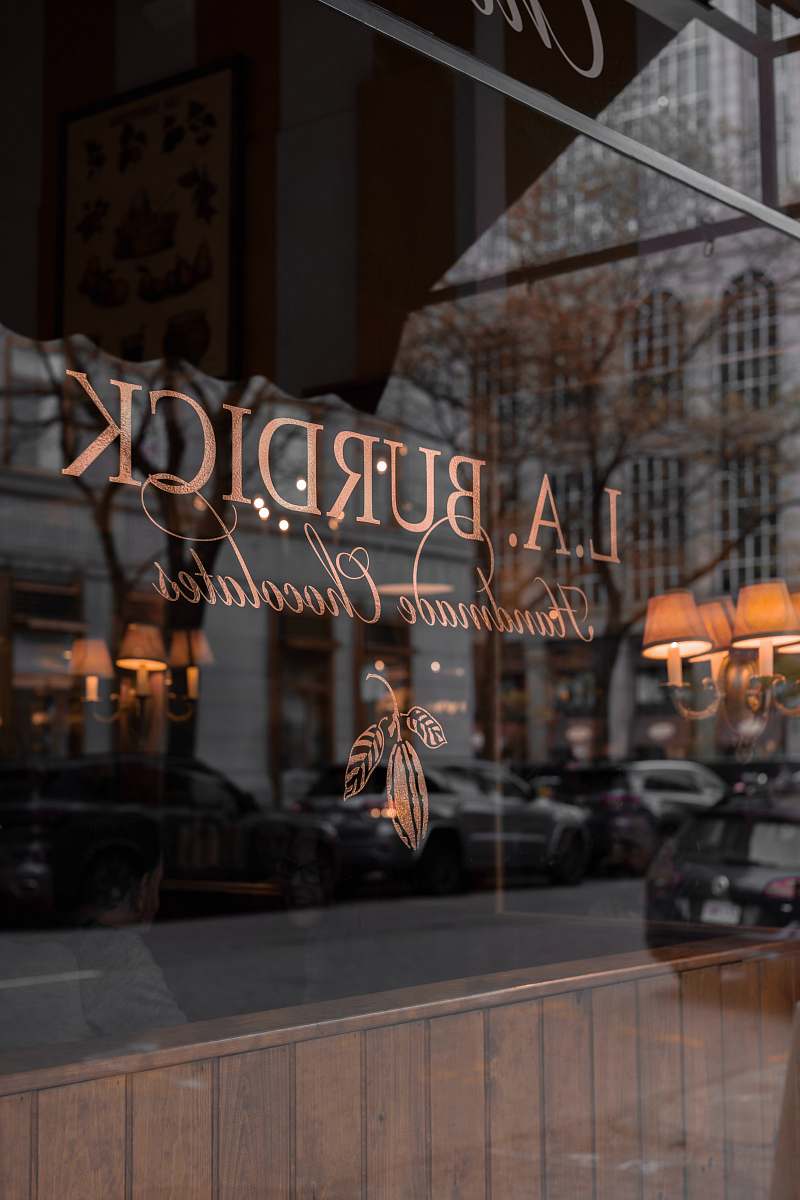 boston L.A. Burdick handmade chocolates sign on glass window vehicle